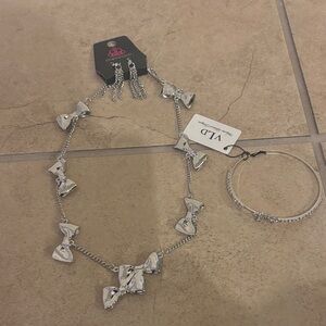 Elegant Silver Bow necklace earrings and bracelet